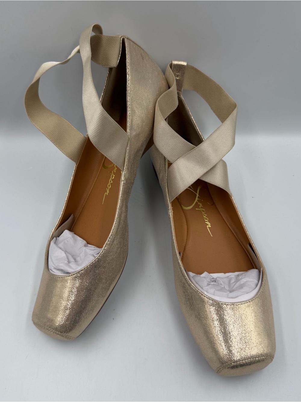Jessica Simpson Mandalaye Ballet Flat Women 9.5M Gold Shimmer Ankle Strap Square